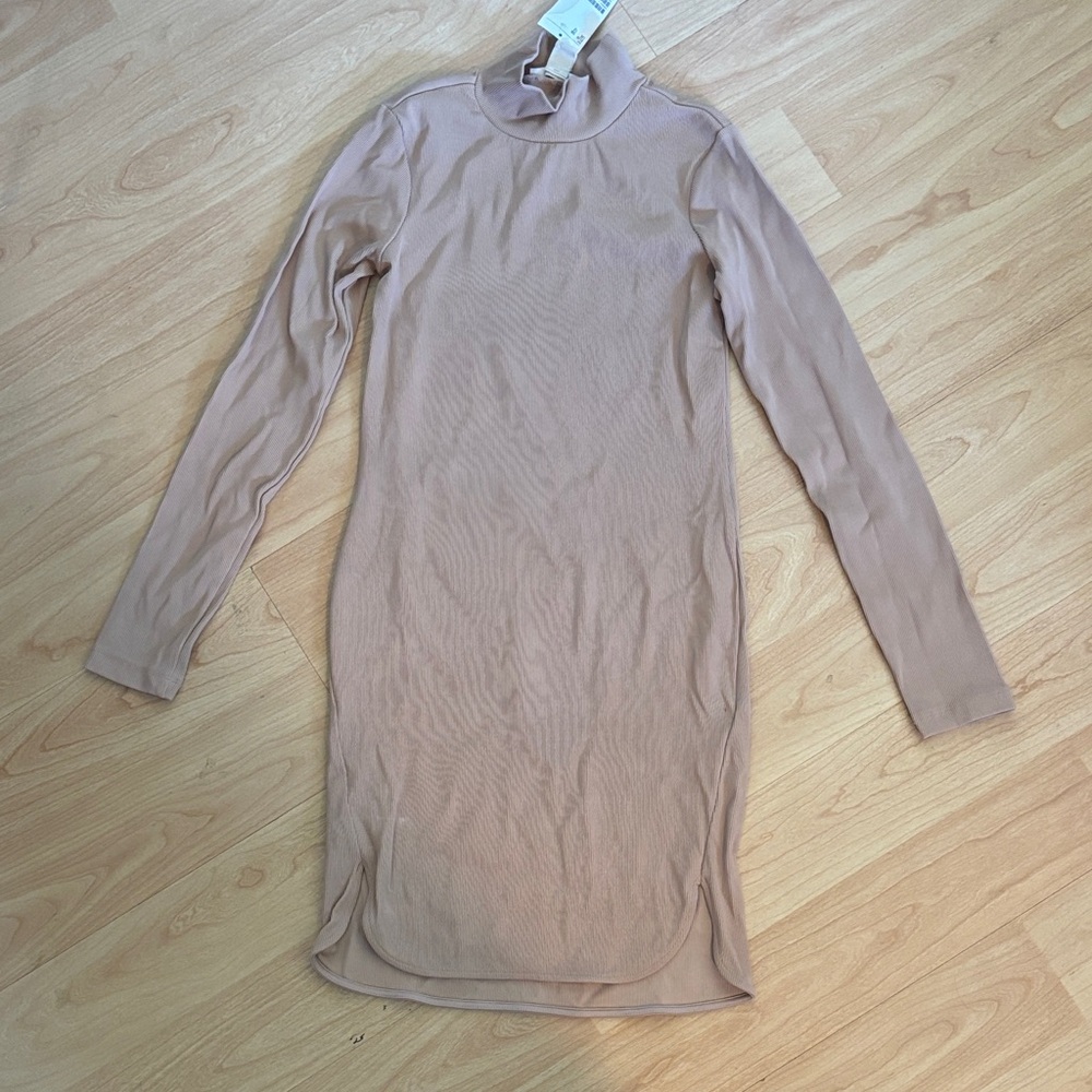 H&M Long Sleeve Mock Neck Bodycon Dress in Beige